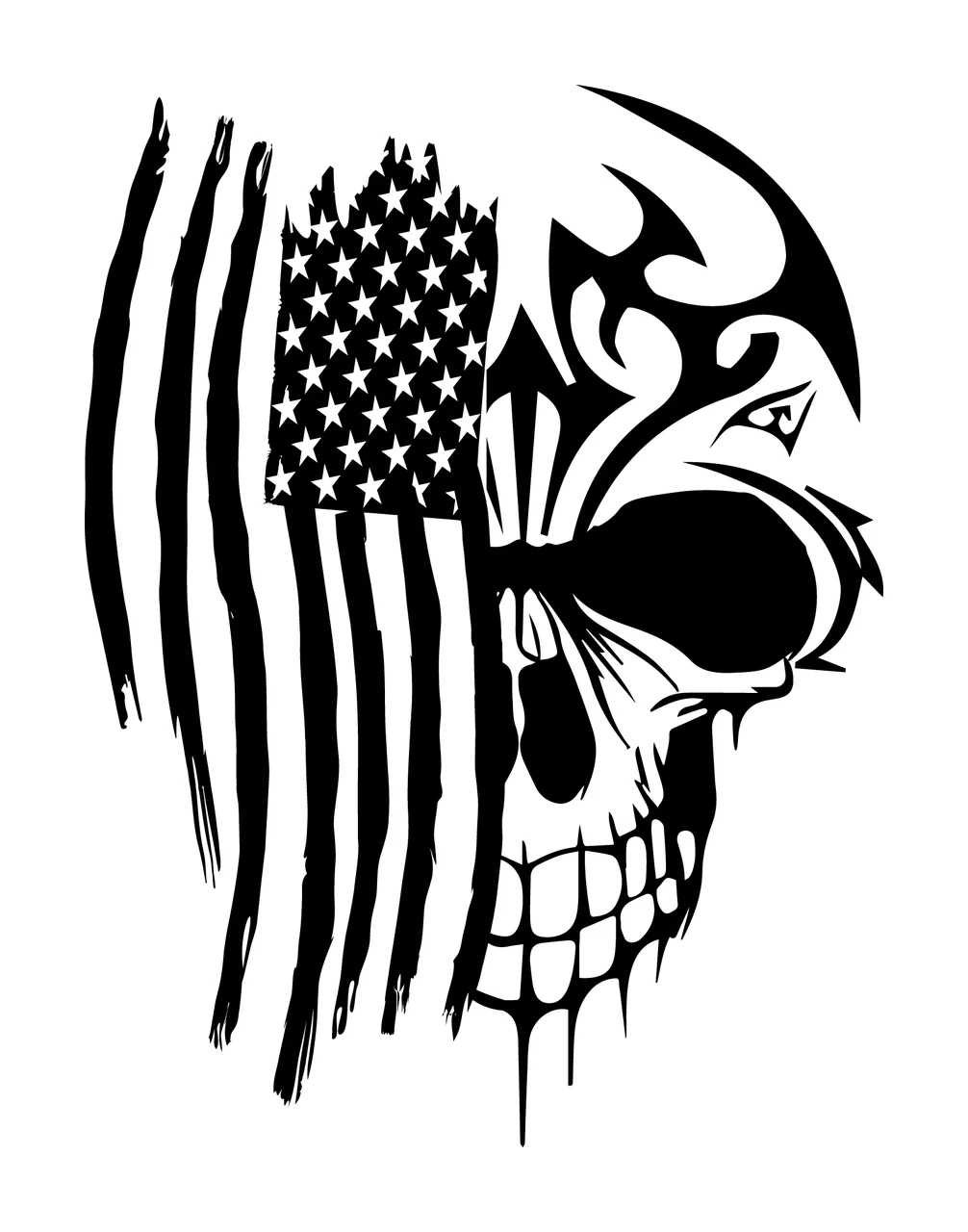 Skull Half American Flag Silhouette stars stripes tribal patterns
