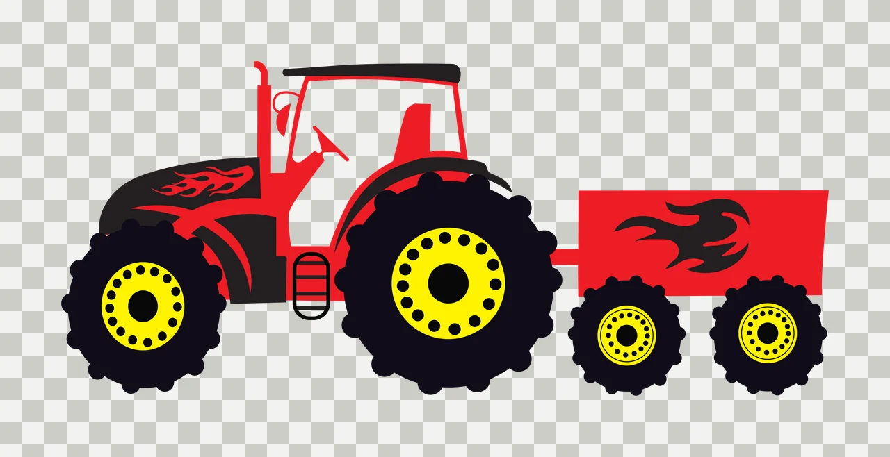 Farm tractor with trailer Illustration with flame graphic, yellow wheel rims, black tread tires and cabin in red transparency and detail preview thumbnail