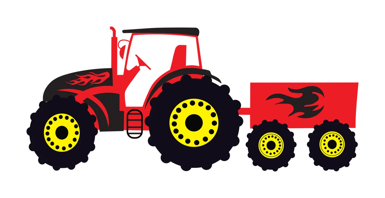 Farm tractor with trailer Illustration with flame graphic, yellow wheel rims, black tread tires and cabin in red