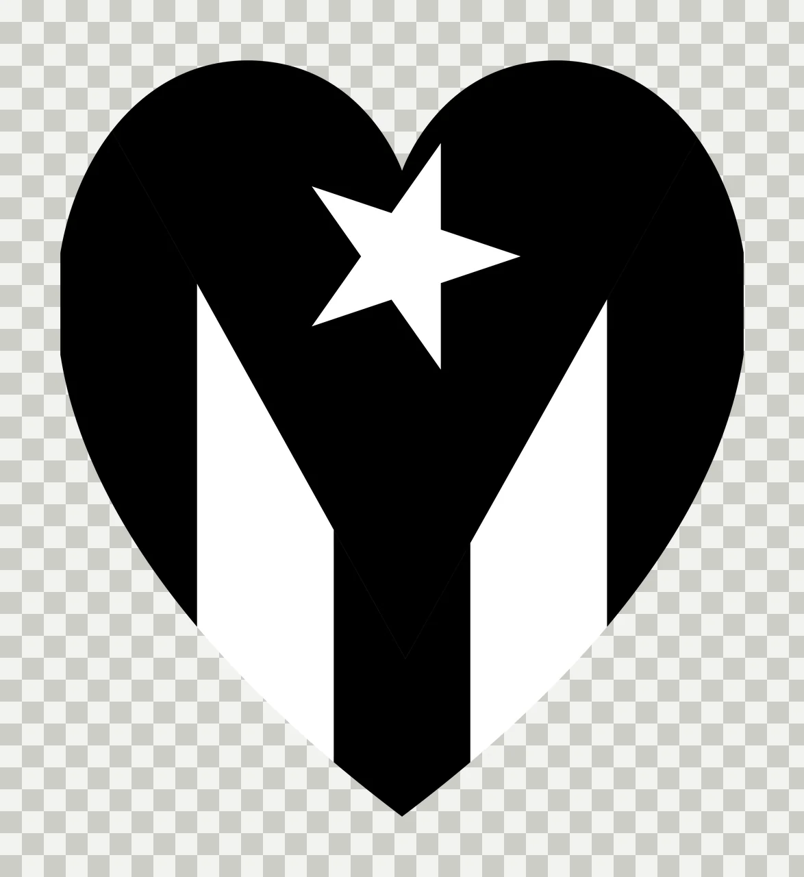 Heart symbol Illustration with heart shape, letter M shape, five-pointed star and negative space cutout in black and white transparency and detail preview thumbnail