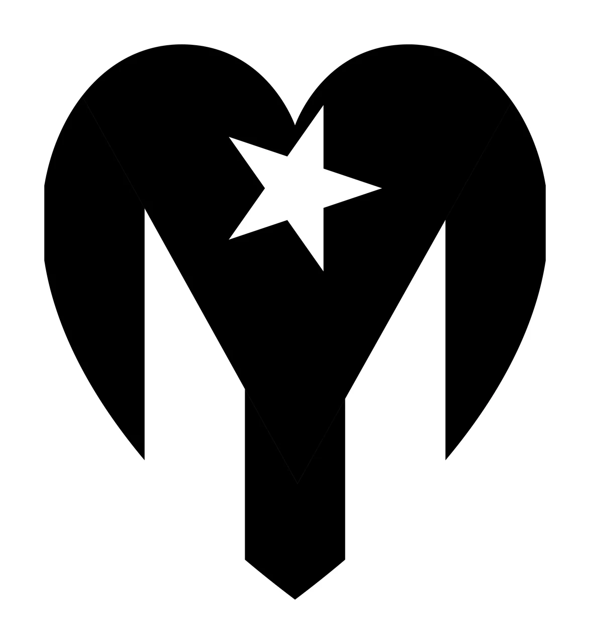 Heart symbol Illustration with heart shape, letter M shape, five-pointed star and negative space cutout in black and white