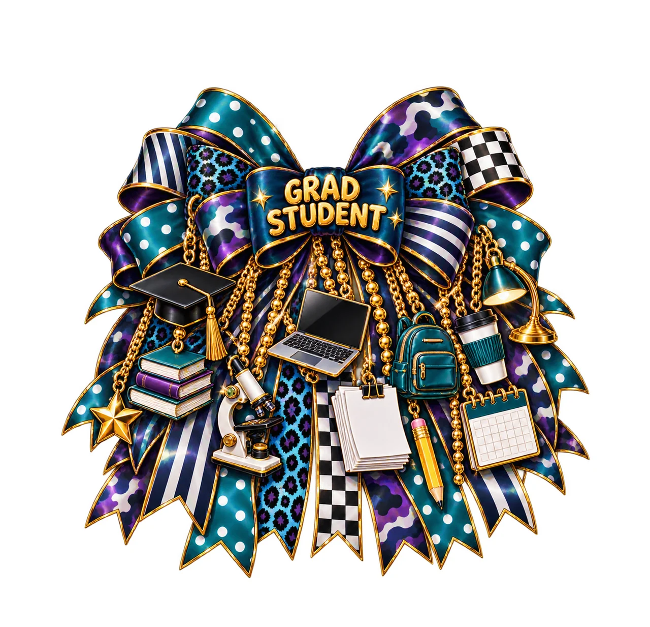 Graduate Student Bow Charm PNG, Gold Chain Charms, Transparent Sublimation Design, Digital Download