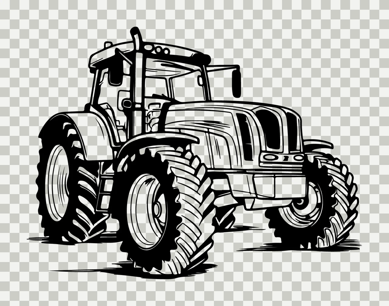 Tractor With Deep Treaded Wheels Angle tires cabin engine line art transparency and detail preview thumbnail