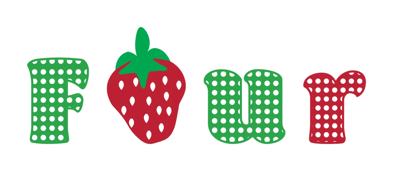 Four Typography Design with letter F, strawberry and polka dot pattern in green, red and white