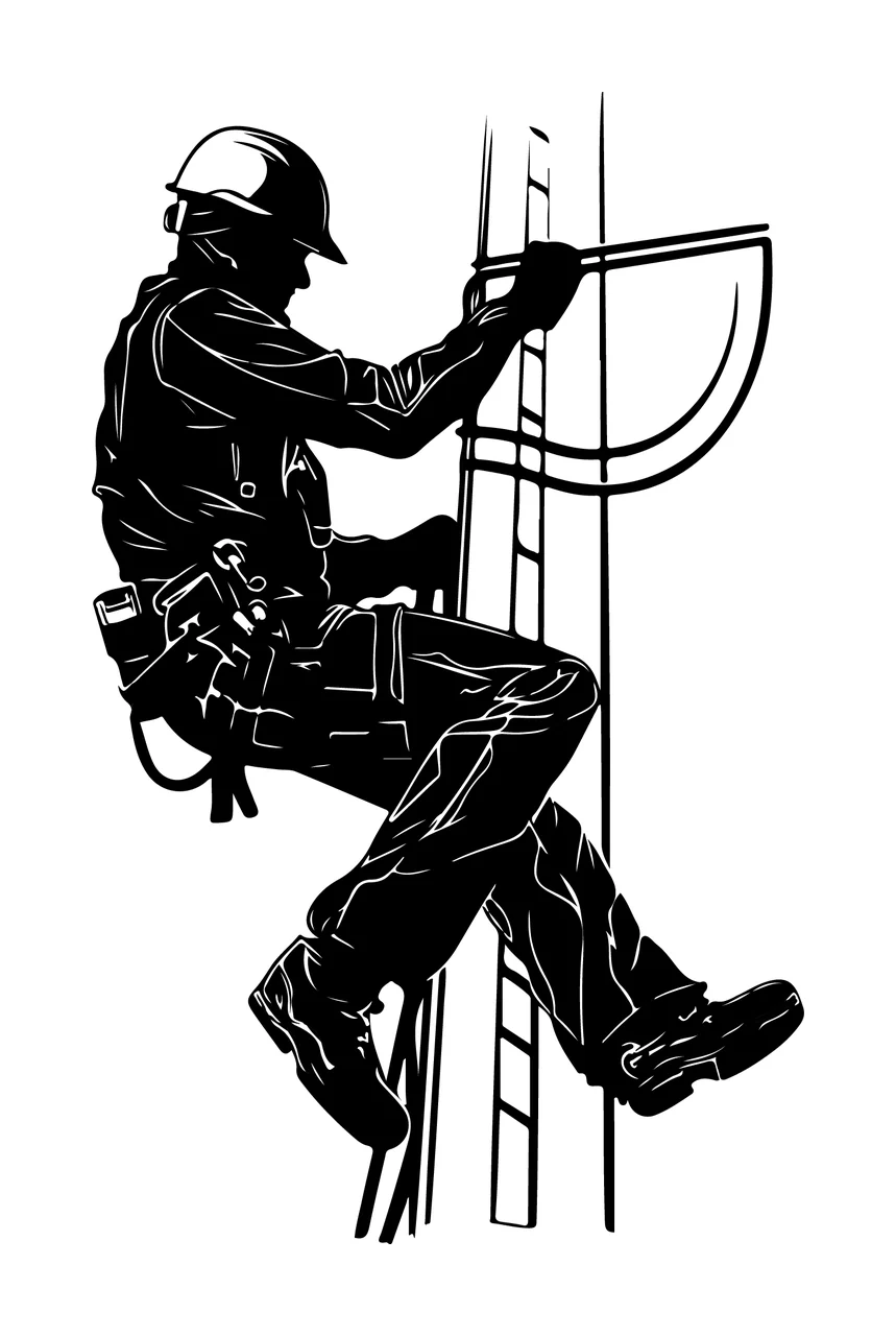 Line Worker On Vertical Ladder Silhouette a Climbing Helmet