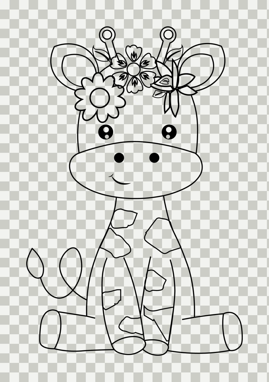 Animal Giraffe With Flower Crown Line Art Sitting flowers spots transparency and detail preview thumbnail