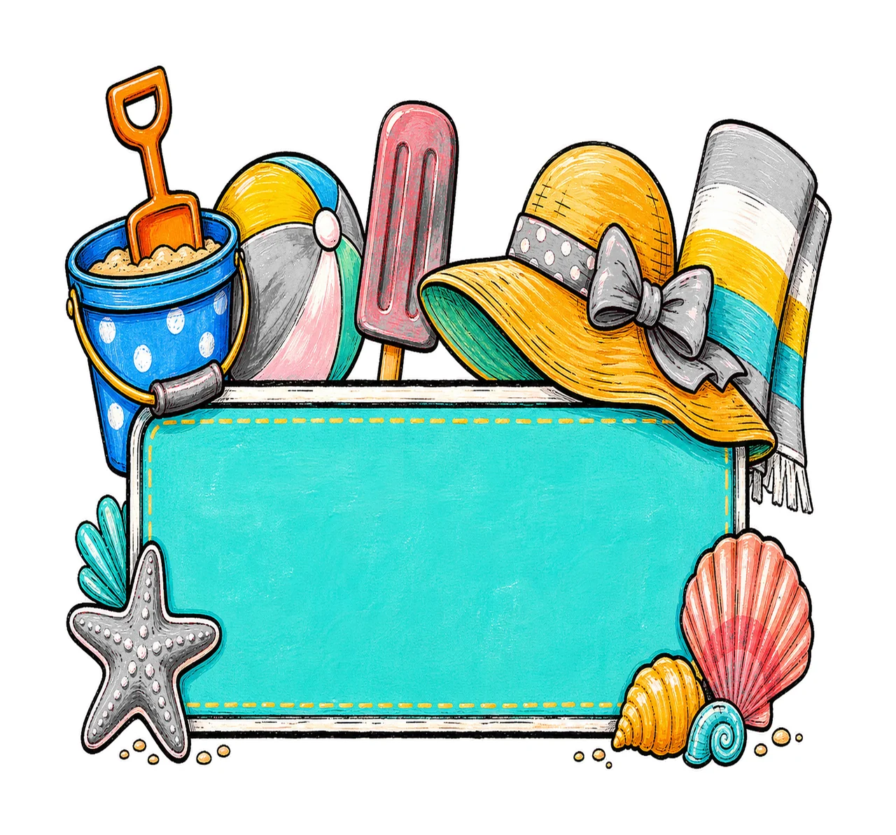 Summer Beach Name Plate Frame Design Hand Drawn Variation E