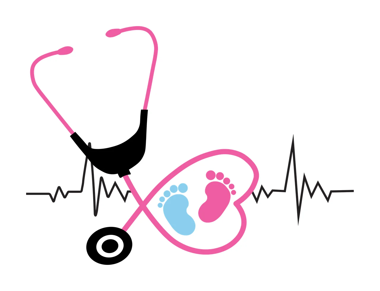 Medical symbol with baby footprints Illustration with pink stethoscope, black stethoscope chest piece, pink heart-shaped outline and blue baby footprint