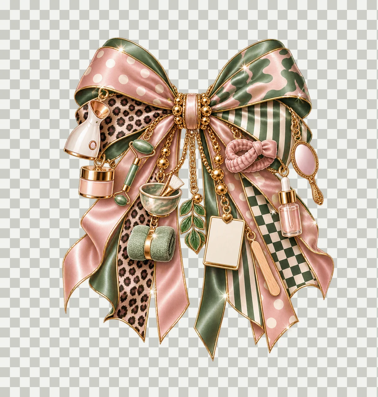 Esthetician Bow Charm PNG, Themed Gold Chain Charms, Coquette Ribbon Sublimation Design, Transparent Digital Download transparency and detail preview thumbnail