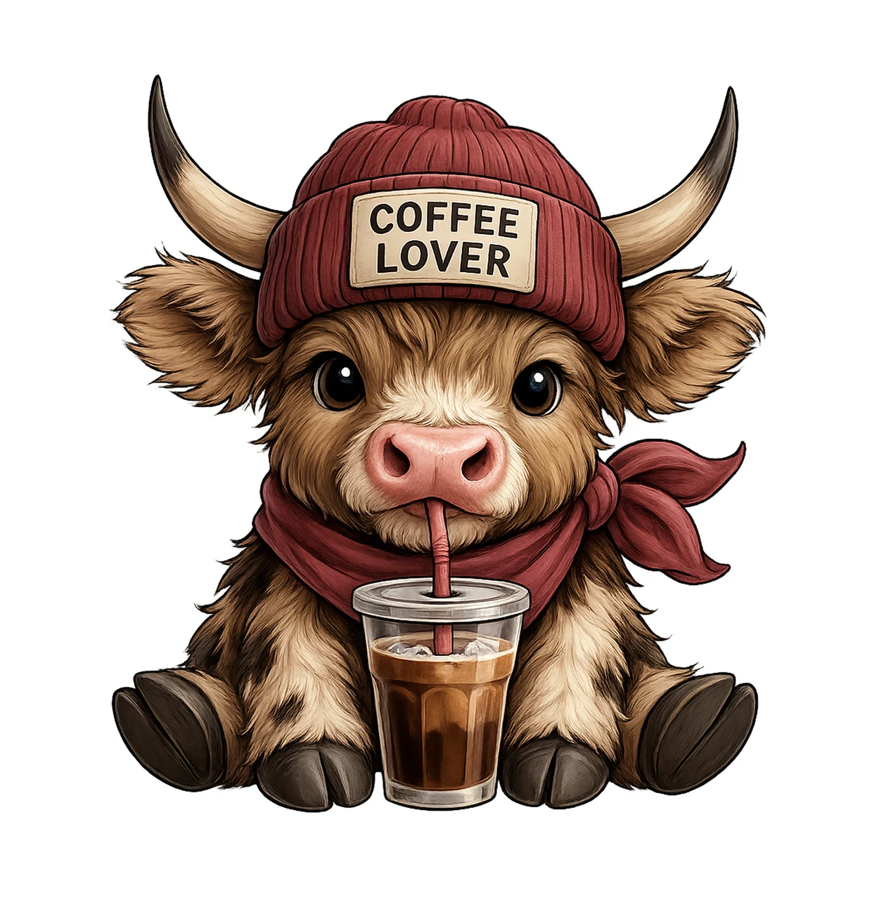 Coffee Cow Drinking With Red Beanie scarf cup iced animal