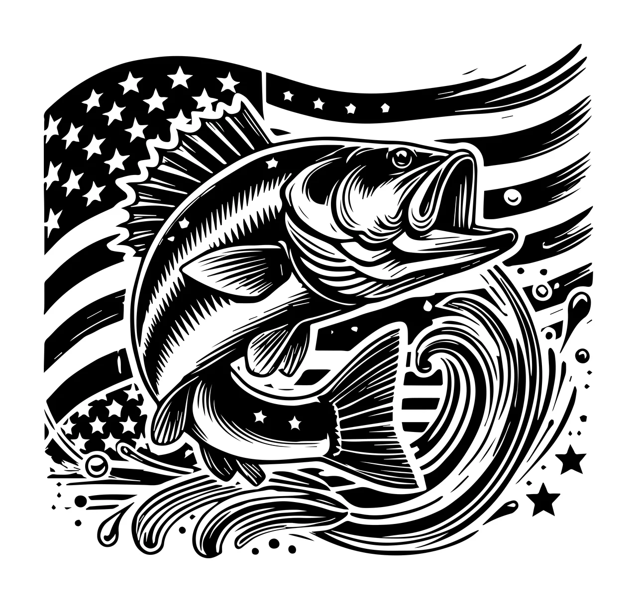 Fishing Largemouth Bass Jumping Flag Emblem fish waves stars