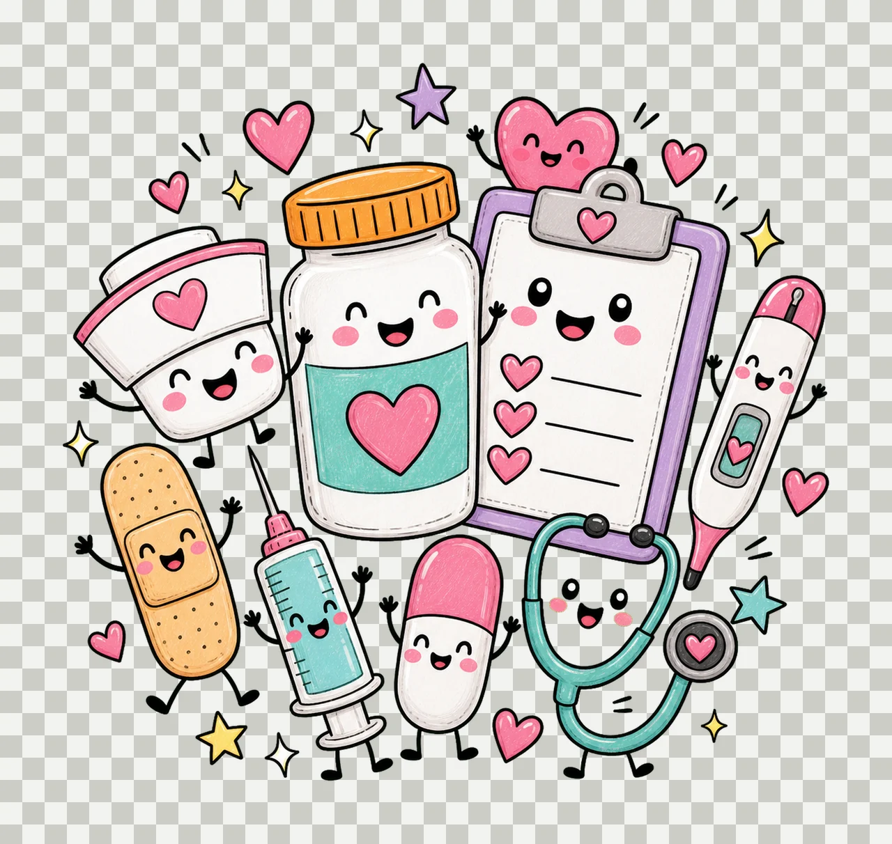 Nurse Characters Doodle Cute Happy Medical Variation C transparency and detail preview thumbnail