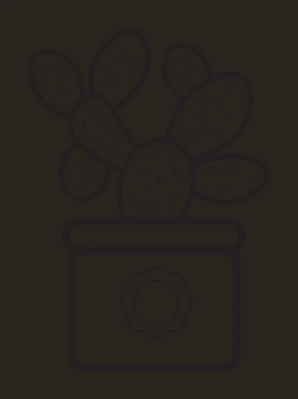 Line Art Illustration of Potted cactus with multiple pads and spines with dots on pads, potted plant, rectangular pot with rounded top and flower-shaped decoration on front in black and white contrast preview thumbnail