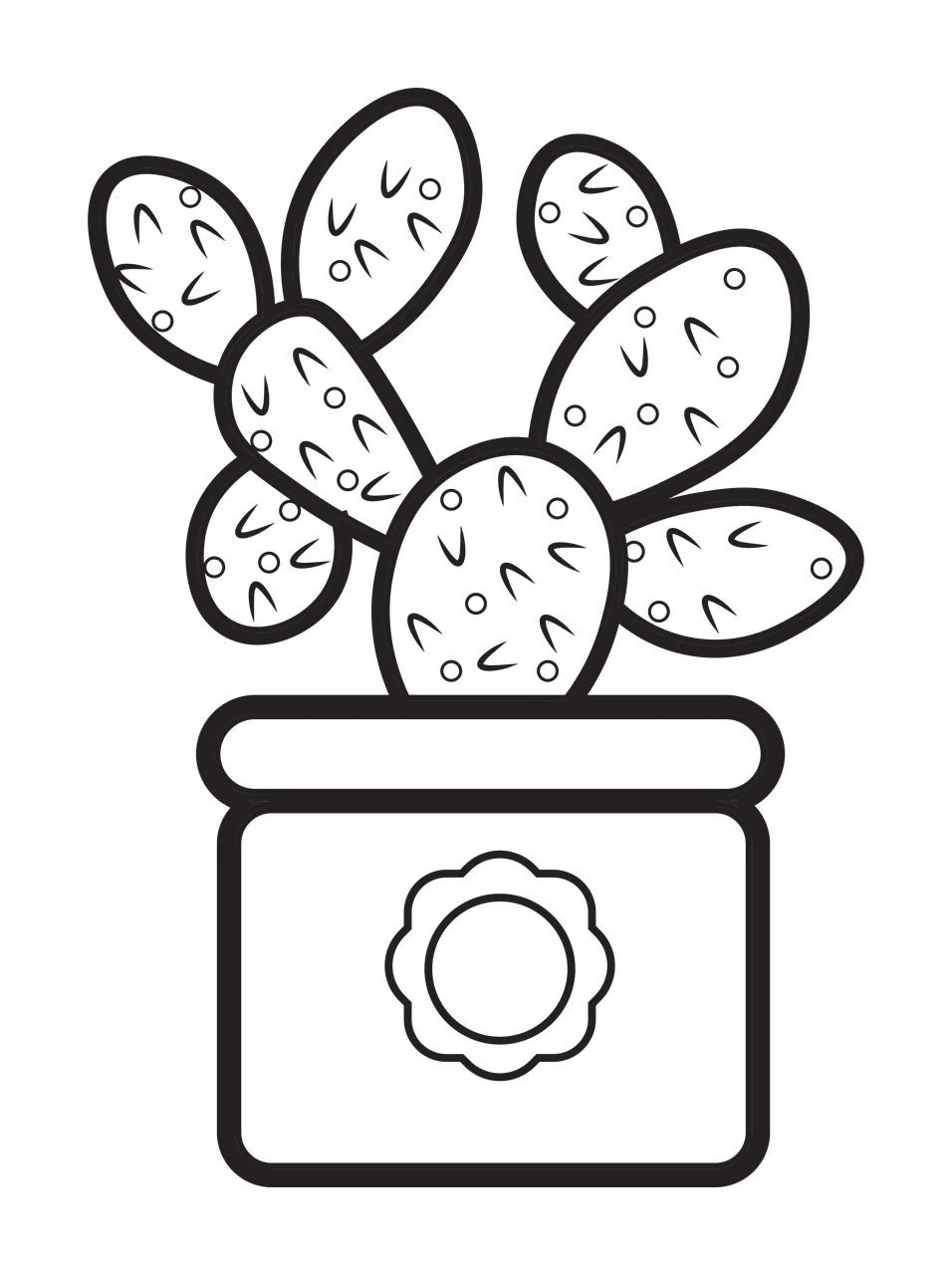 Line Art Illustration of Potted cactus with multiple pads and spines with dots on pads, potted plant, rectangular pot with rounded top and flower-shaped decoration on front in black and white