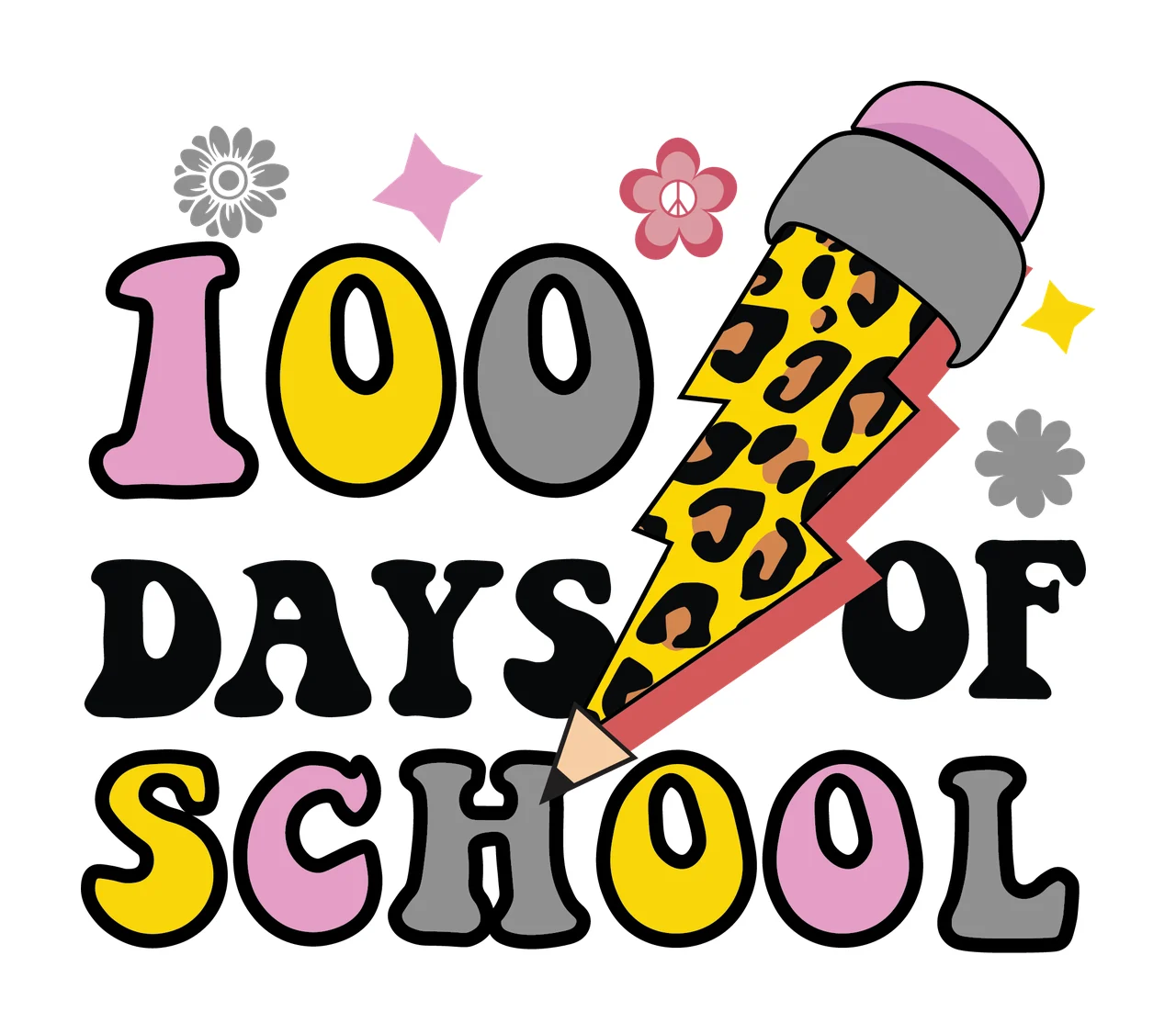 Bolt 100 Days Of School Icon lightning flower star retro black