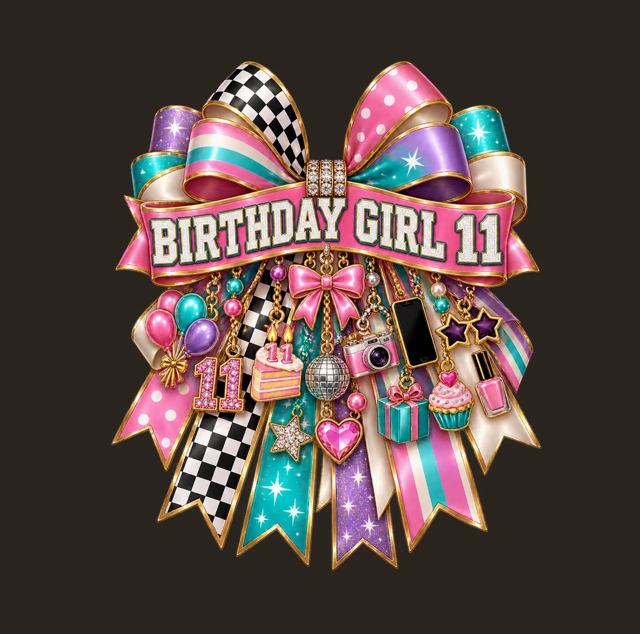 Birthday Girl 11 Bow Charm PNG, Patterned Coquette Bow Clipart, Transparent Sublimation Digital Download contrast preview thumbnail