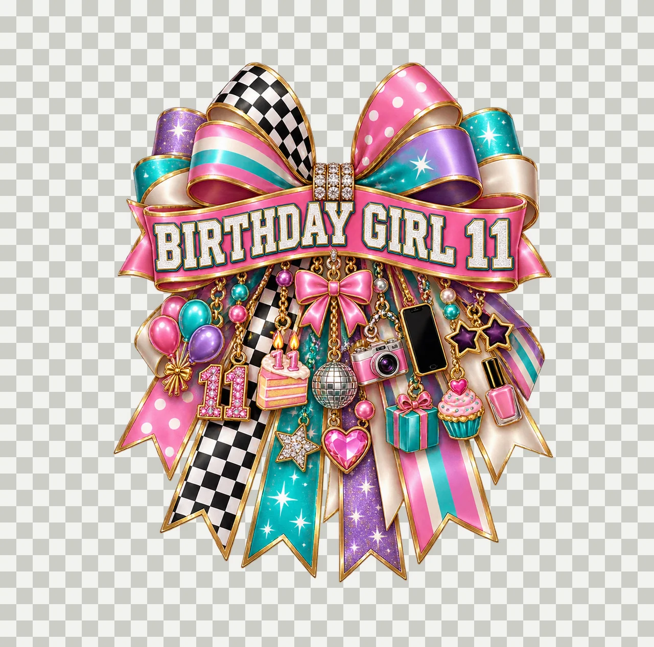 Birthday Girl 11 Bow Charm PNG, Patterned Coquette Bow Clipart, Transparent Sublimation Digital Download transparency and detail preview thumbnail