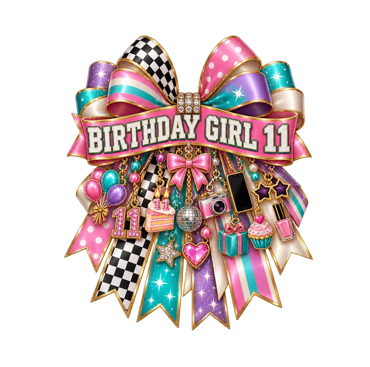 Birthday Girl 11 Bow Charm PNG, Patterned Coquette Bow Clipart, Transparent Sublimation Digital Download