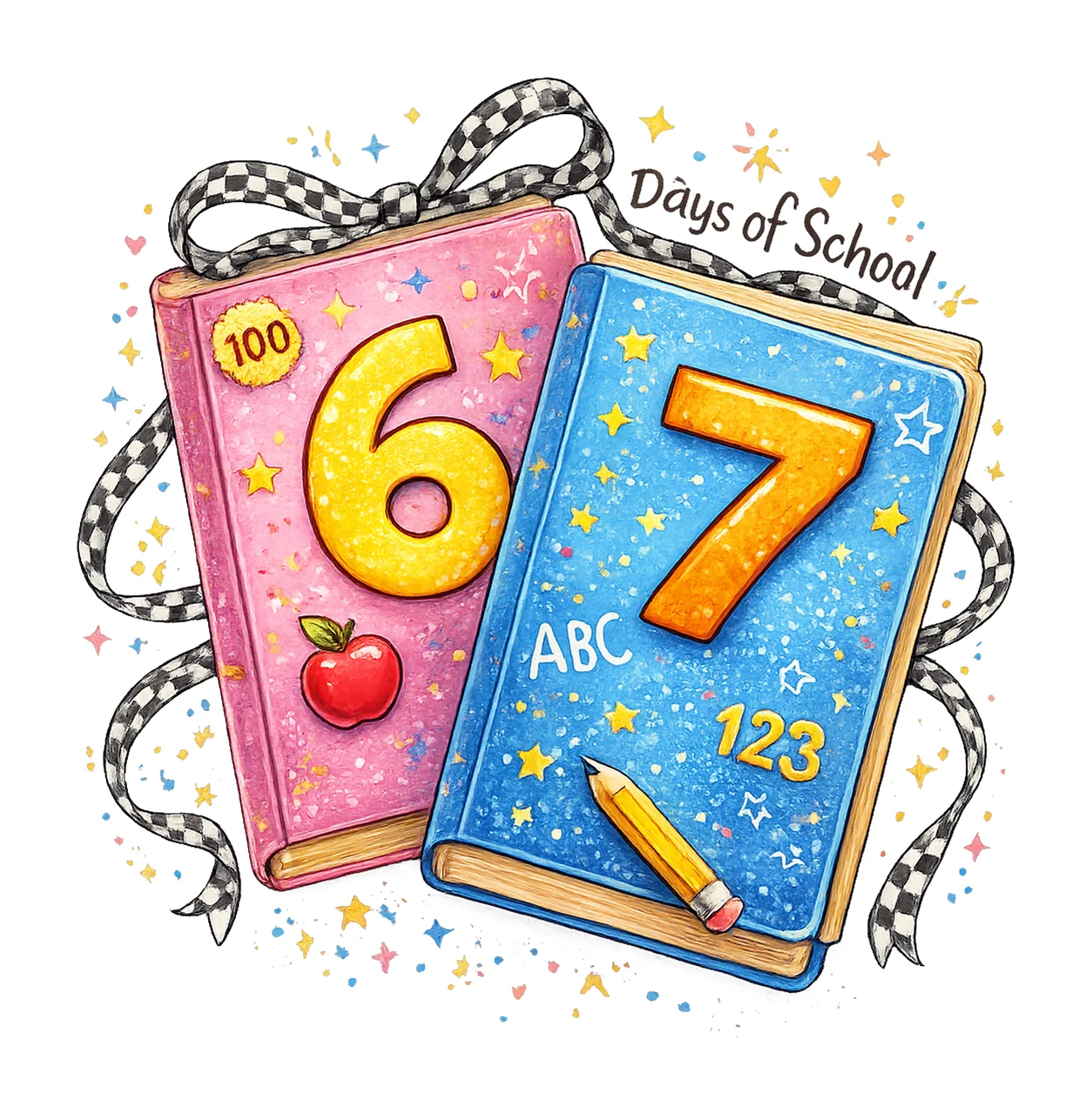 100 Days of School Cute Book Design Checkered Ribbon
