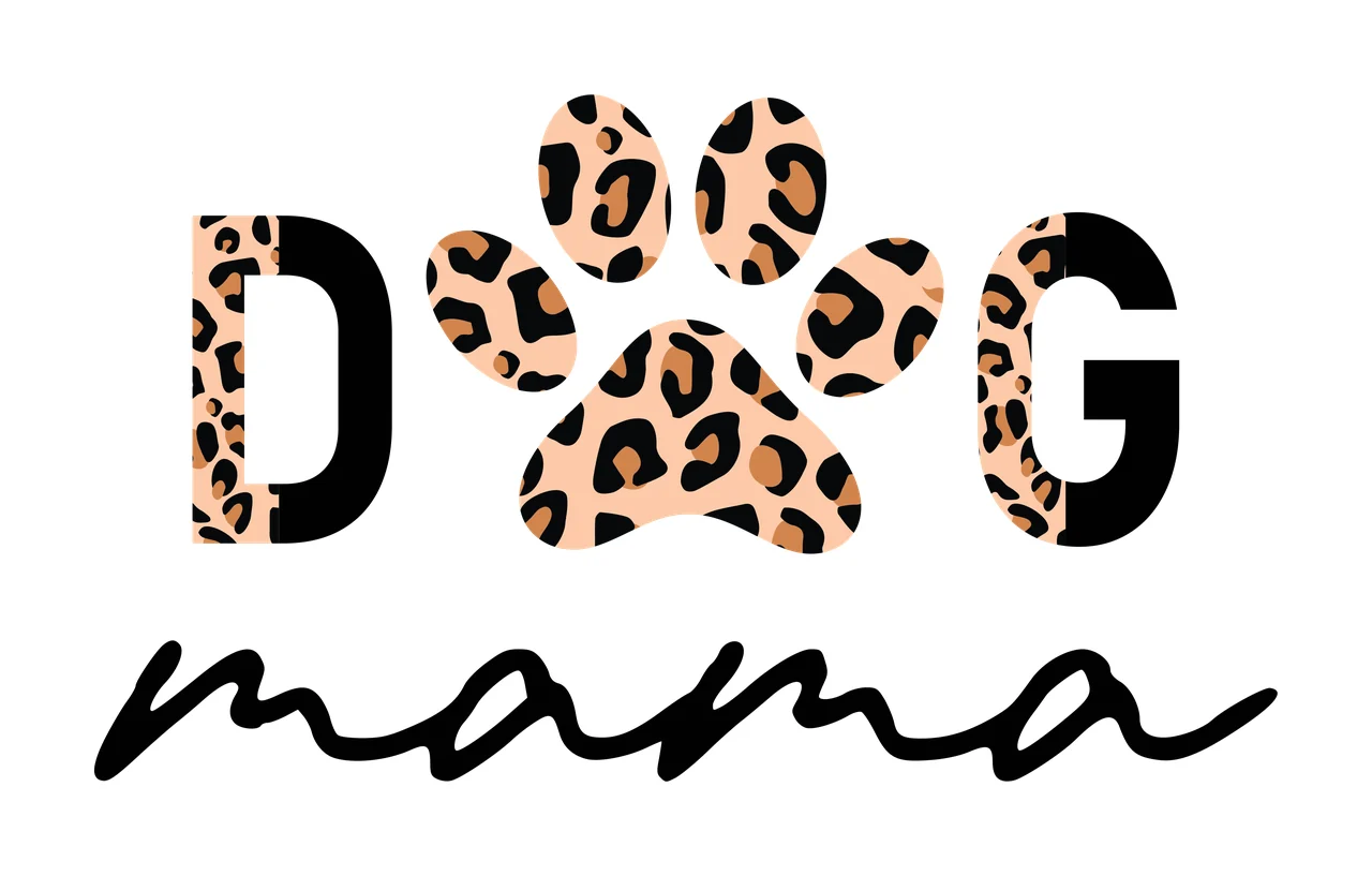 DOG mama Typography Design with letter D, paw print, script word mama and leopard print pattern in black, tan and brown