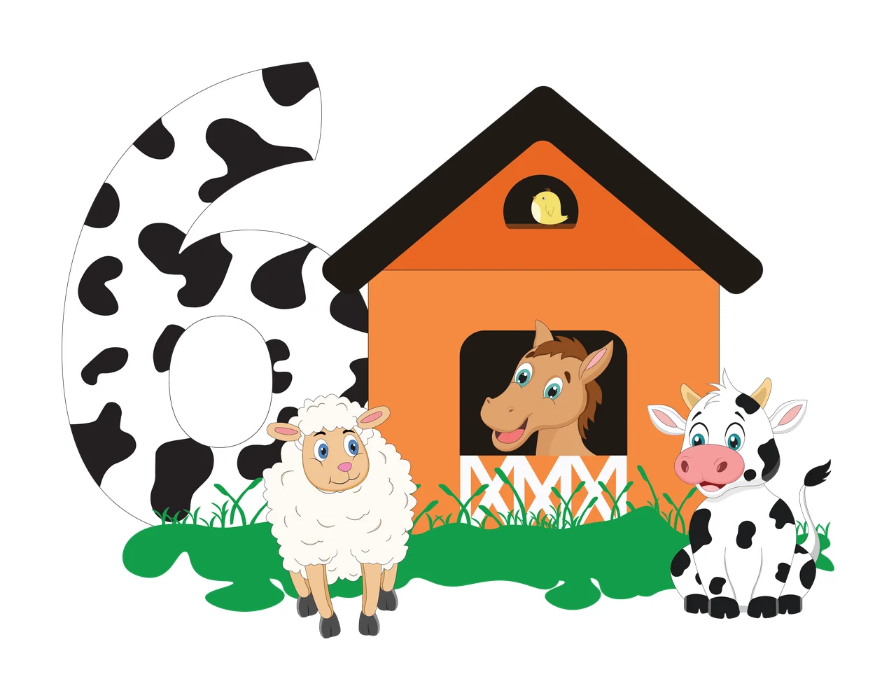 Farm Black Silhouette Of Number Six With House standing cow