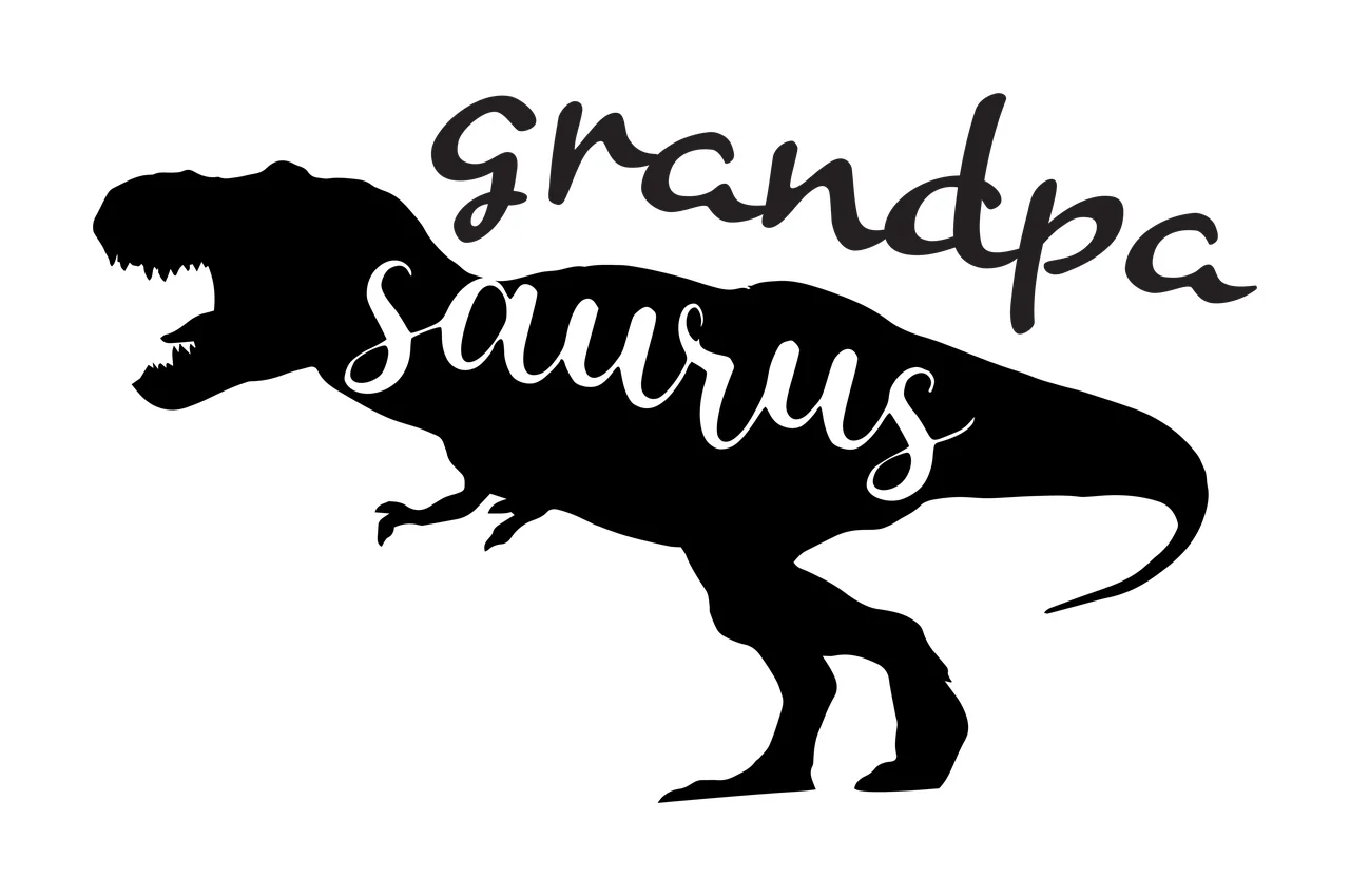 Grandpa saurus Typography Design with T-Rex silhouette, cursive text, open jaw and tail in black and white