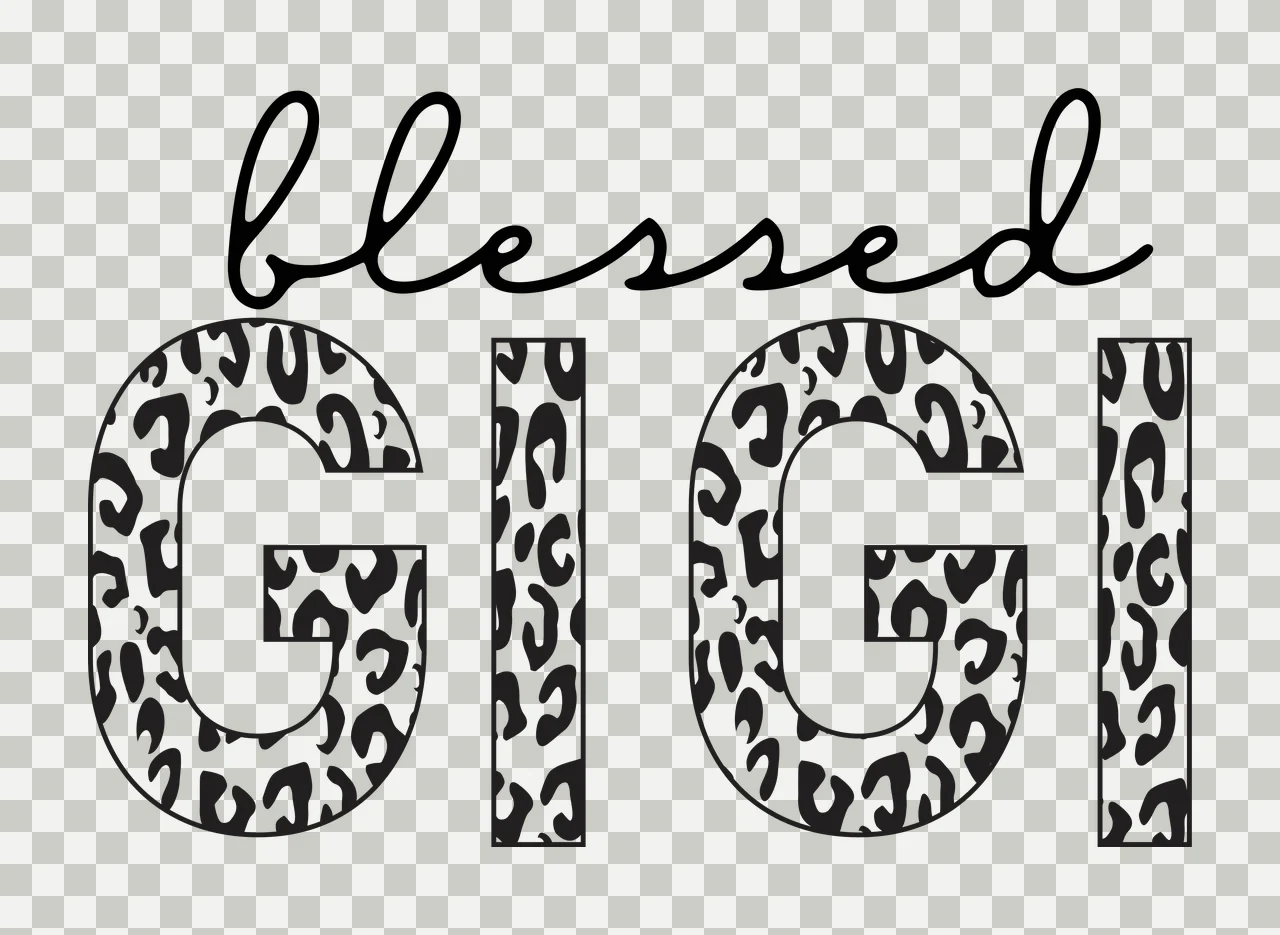 Blessed GIGI Typography Design with cursive script typography, block font, black and white leopard pattern and animal spots transparency and detail preview thumbnail