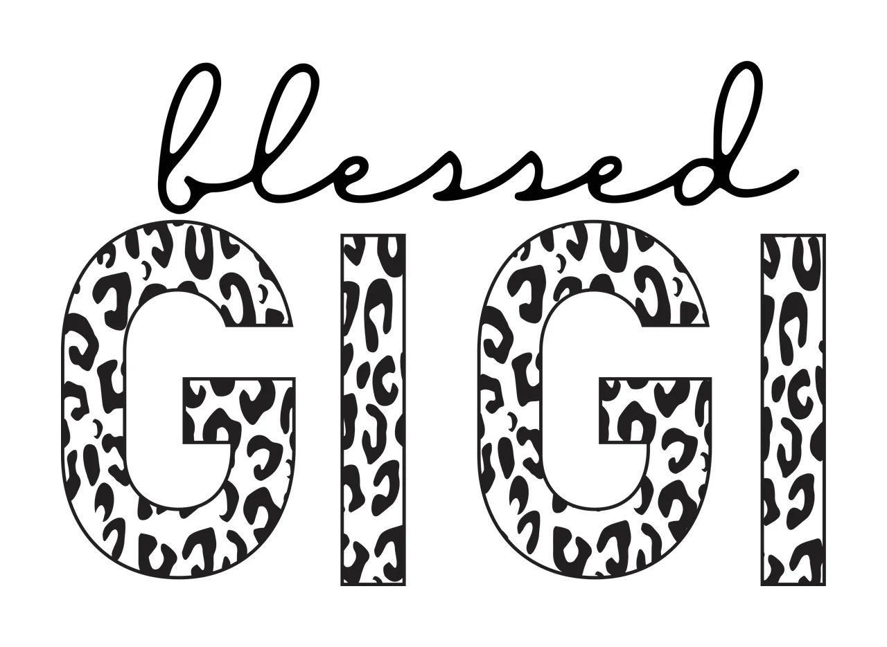 Blessed GIGI Typography Design with cursive script typography, block font, black and white leopard pattern and animal spots