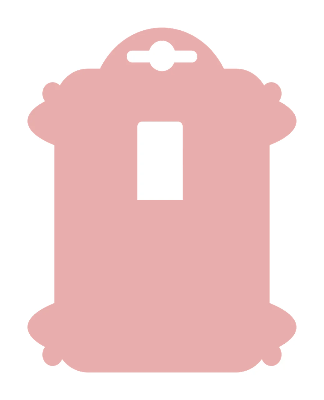 Decorative hang tag template with dusty pink tag, euro hole punch cut, center rectangular cutout slot and ornate scalloped border in white