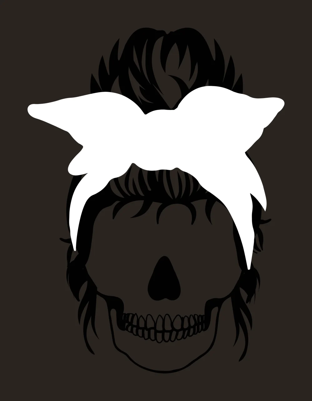 Line Art Illustration of human skull with messy bun, headband, teeth and nasal cavity in black and white contrast preview thumbnail