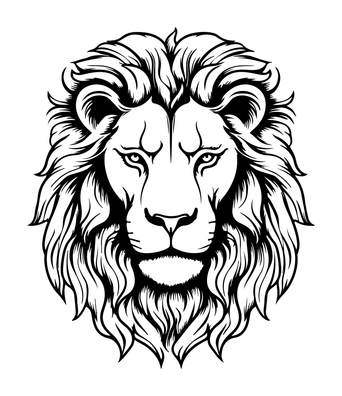Lion Head Black And White Line Art staring mane ears whiskers