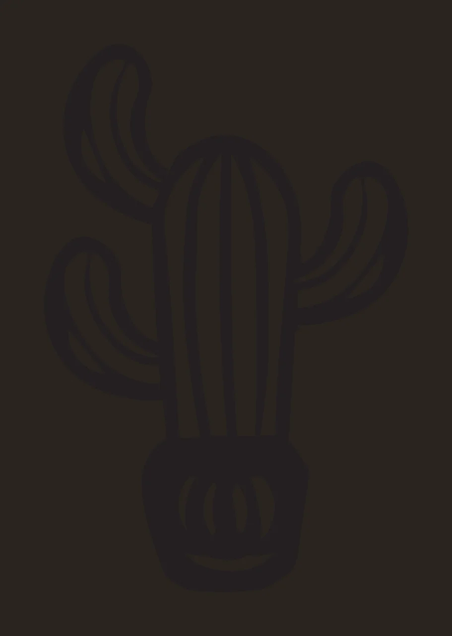 Line Art Illustration of Stylized black cactus in a pot with smiling face with pot with smile, vertical stripes on cactus body and three arms in white contrast preview thumbnail