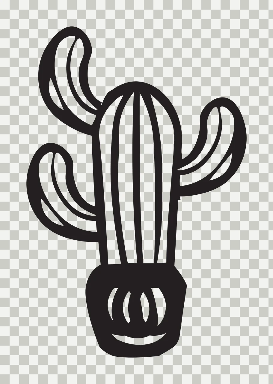 Line Art Illustration of Stylized black cactus in a pot with smiling face with pot with smile, vertical stripes on cactus body and three arms in white transparency and detail preview thumbnail