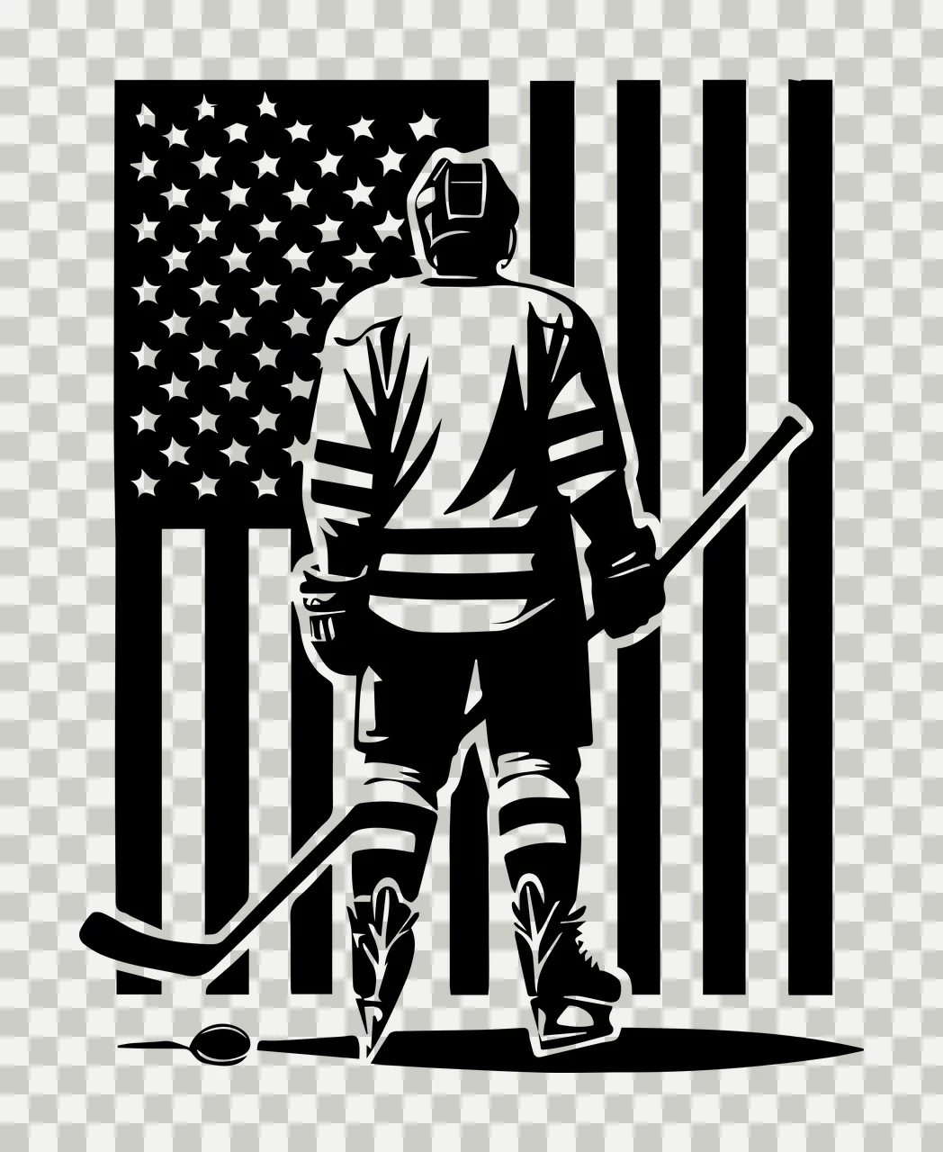 Hockey Player Standing With Flag stick puck US stencil graphic transparency and detail preview thumbnail