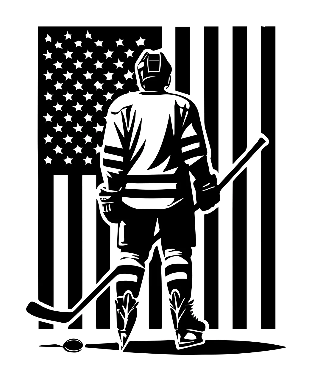 Hockey Player Standing With Flag stick puck US stencil graphic