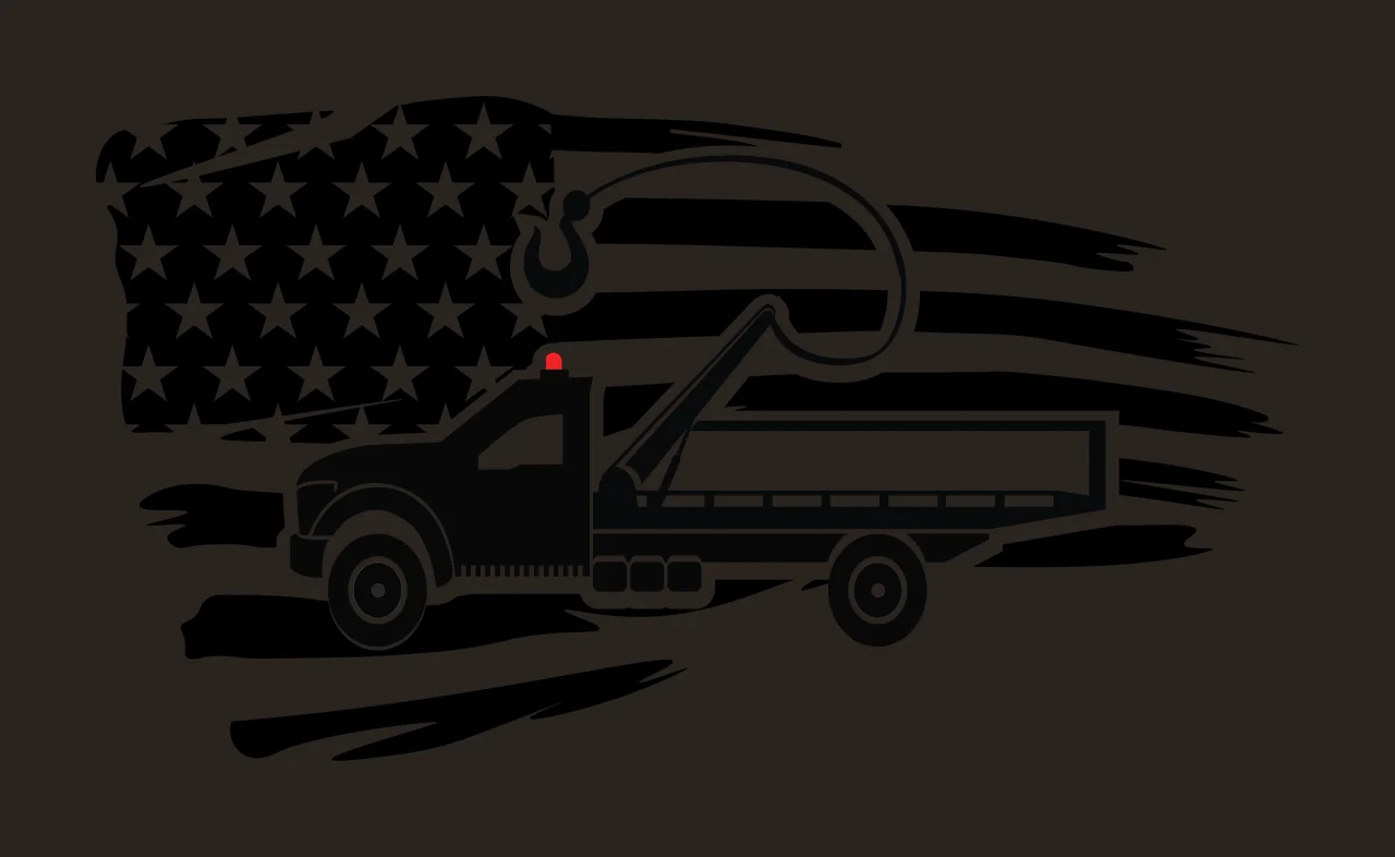 tow truck with hook, flag in black, white graphic silhouette Style contrast preview thumbnail