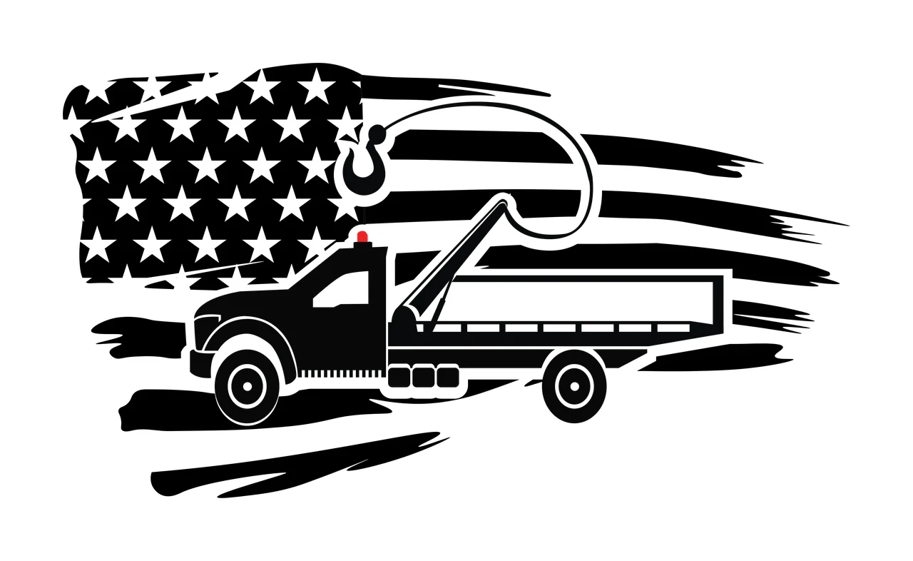 tow truck with hook, flag in black, white graphic silhouette Style
