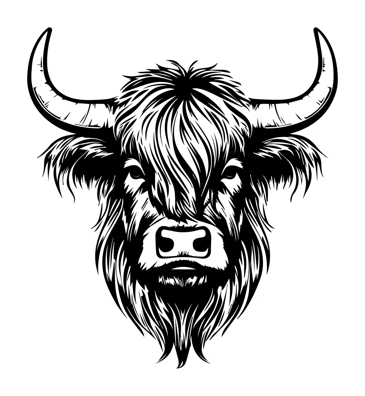Highland Cow Black And White Portrait staring horns shaggy hair