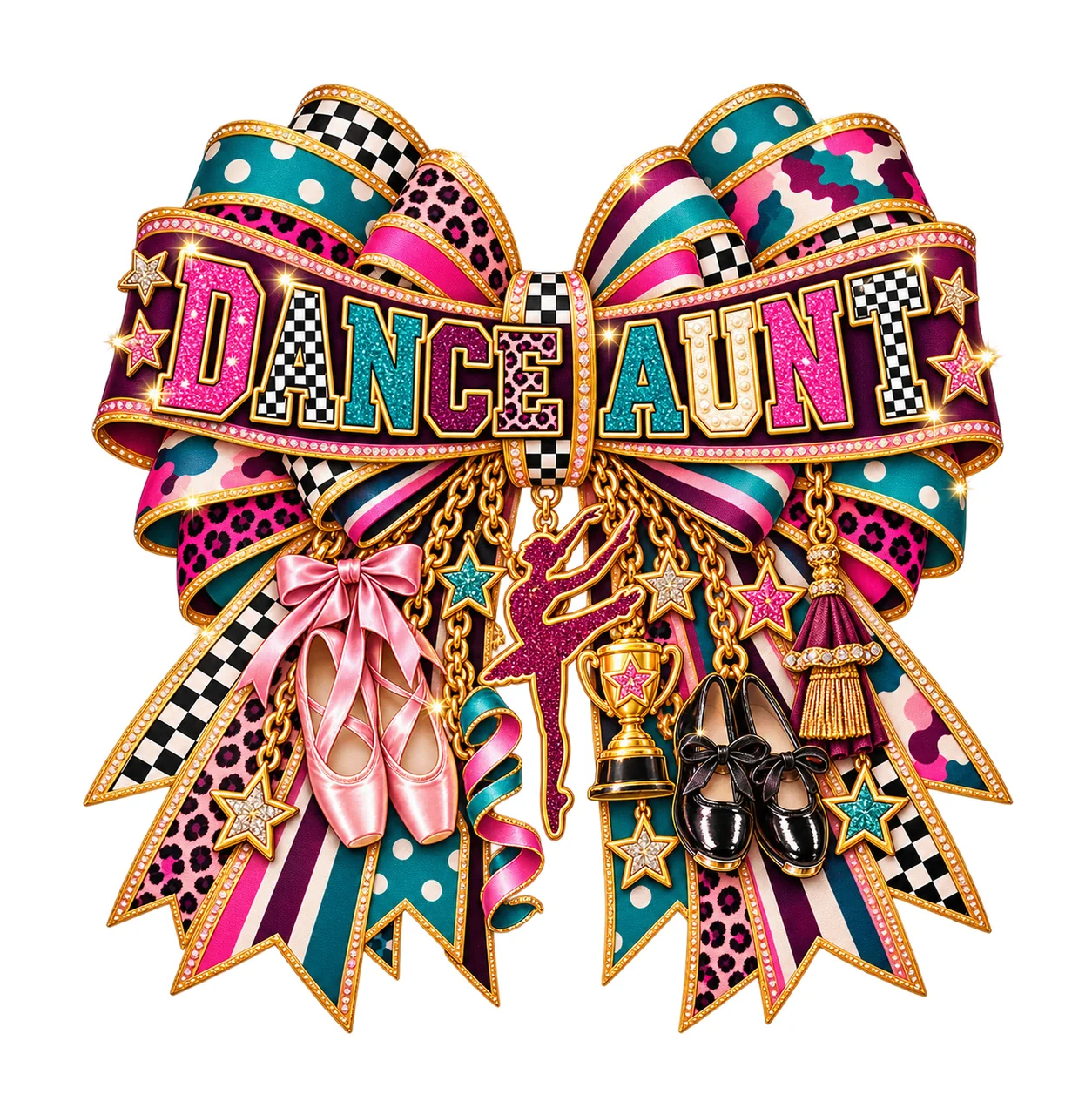 Dance Aunt Bow Charm PNG, Patterned Varsity Aunt Ribbon Clipart, Transparent Sublimation Digital Download