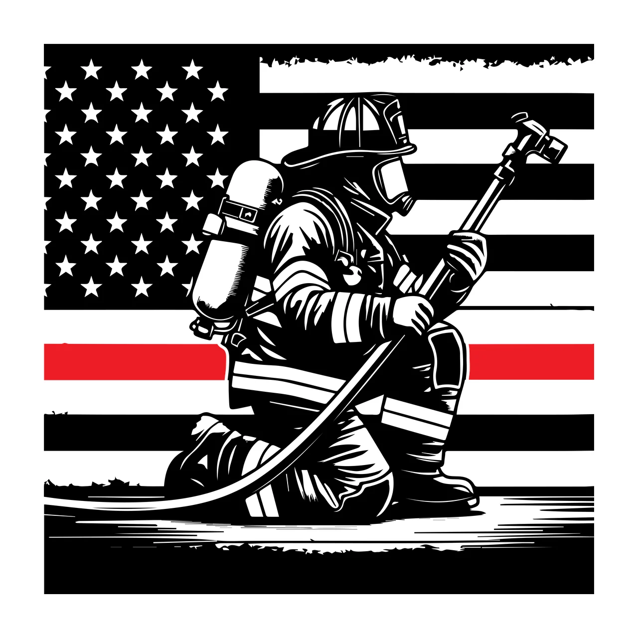 Flag Firefighter Kneeling Before Us with fire hose helmet high