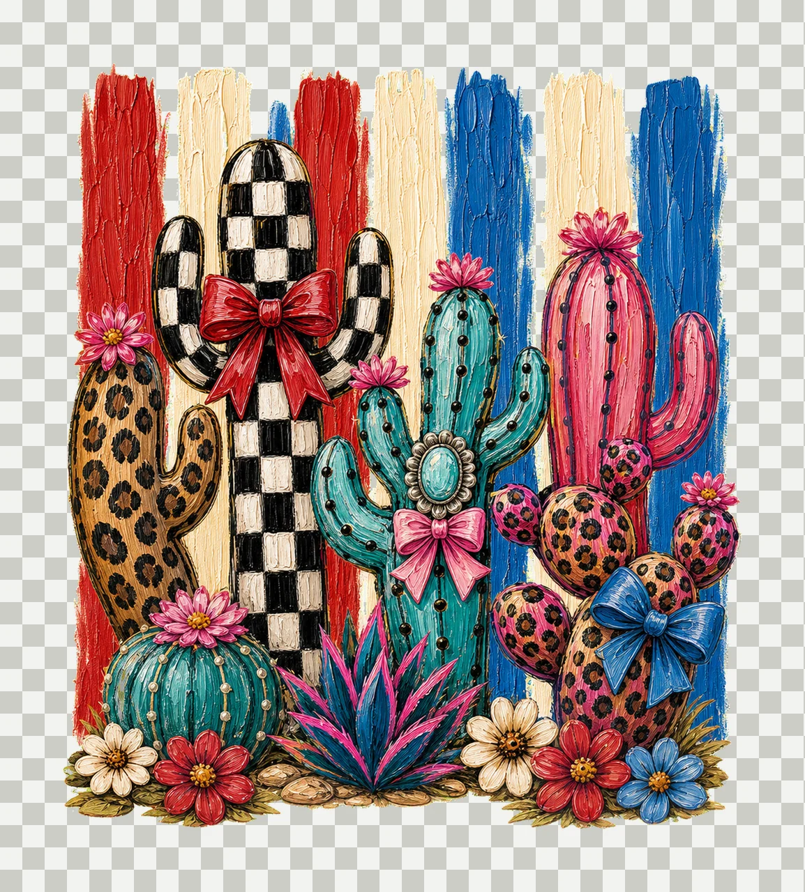 Leopard Checkerboard Western Cactus Faux Oil Variation C transparency and detail preview thumbnail