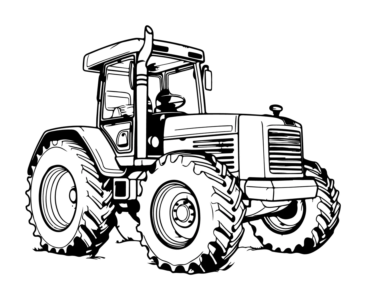 Industrial Tractor Side View Line Illustration standing tires