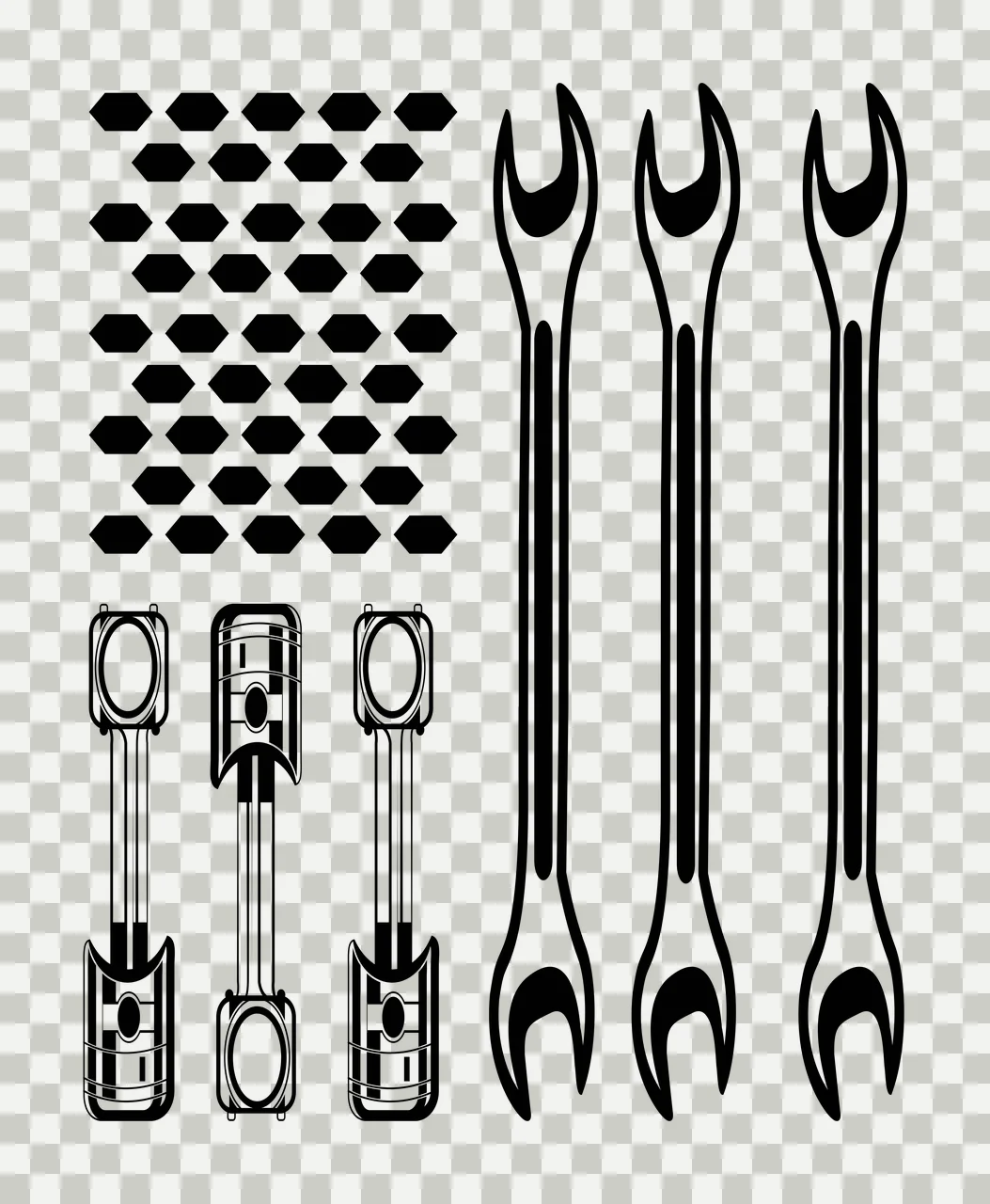 Mechanical Wrench And Piston Set wrenches pistons arranging transparency and detail preview thumbnail