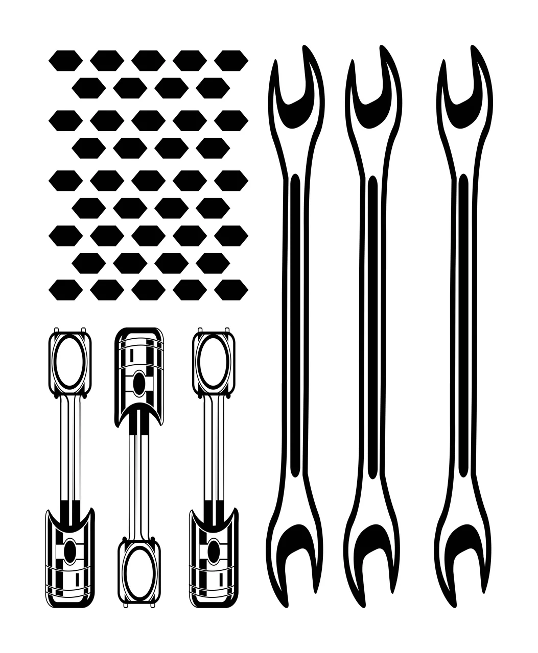 Mechanical Wrench And Piston Set wrenches pistons arranging