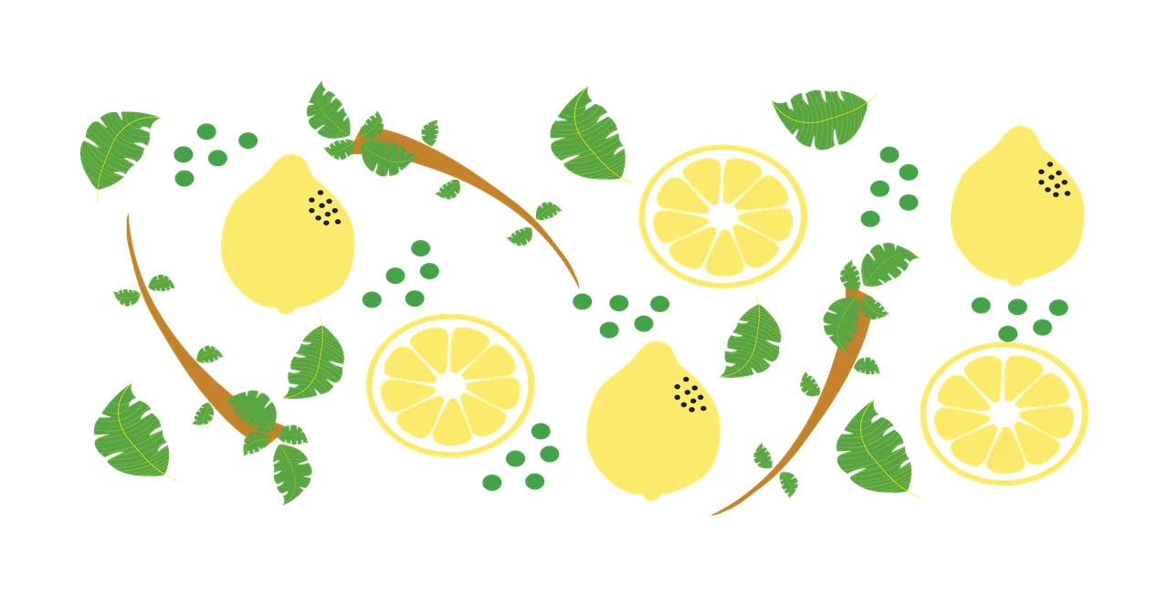 Lemons and tropical leaves Illustration with whole yellow lemons, lemon slices, green tropical leaves and brown branches