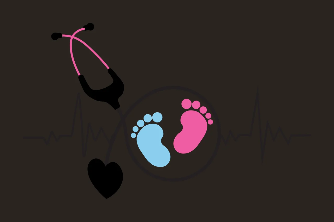 Stethoscope with baby footprints and heartbeat motif Illustration with pink stethoscope, black stethoscope earpiece, blue baby footprint and black heartbeat line contrast preview thumbnail
