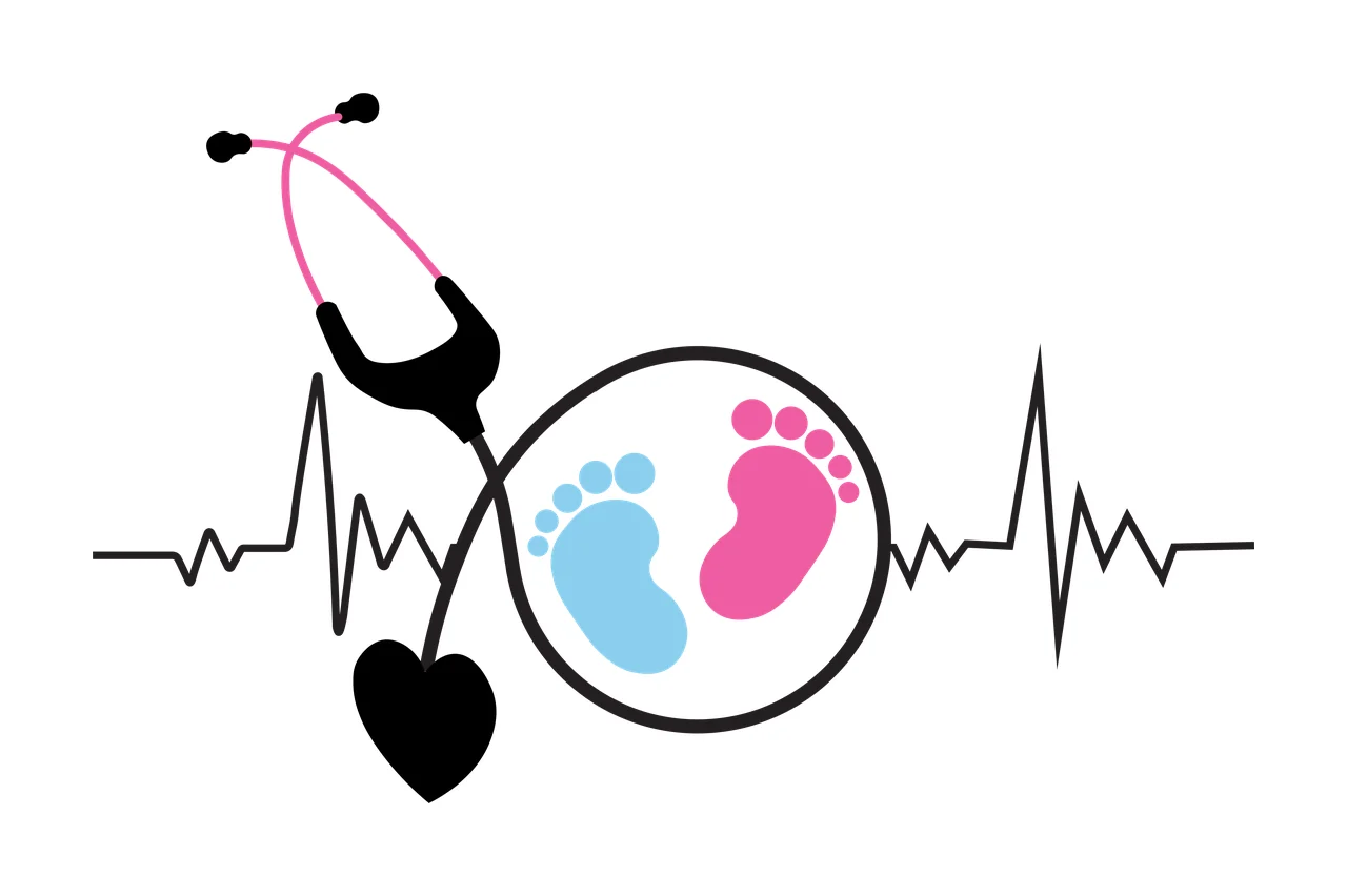 Stethoscope with baby footprints and heartbeat motif Illustration with pink stethoscope, black stethoscope earpiece, blue baby footprint and black heartbeat line