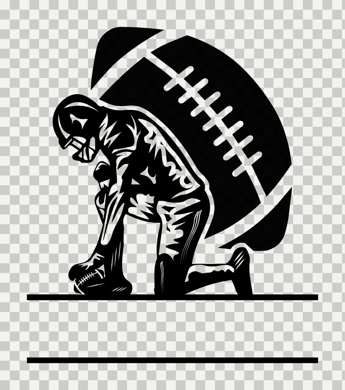 Football Player Kneeling on Field Silhouette with Helmet and Uniform, Sports Graphic Featuring Large Football Background in Black and White transparency and detail preview thumbnail