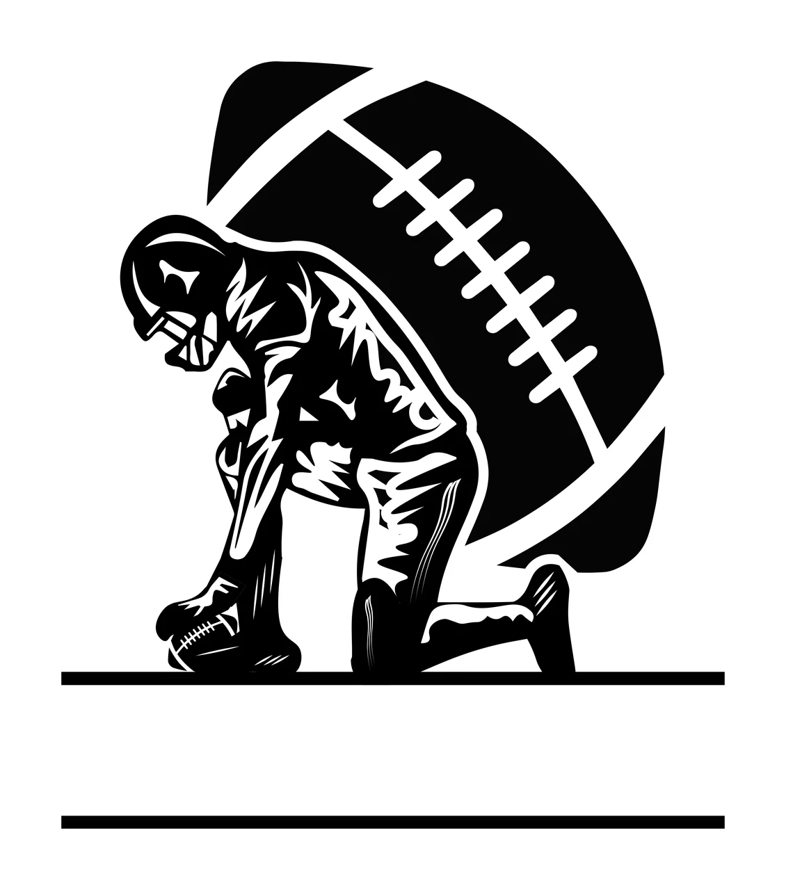 Football Player Kneeling on Field Silhouette with Helmet and Uniform, Sports Graphic Featuring Large Football Background in Black and White