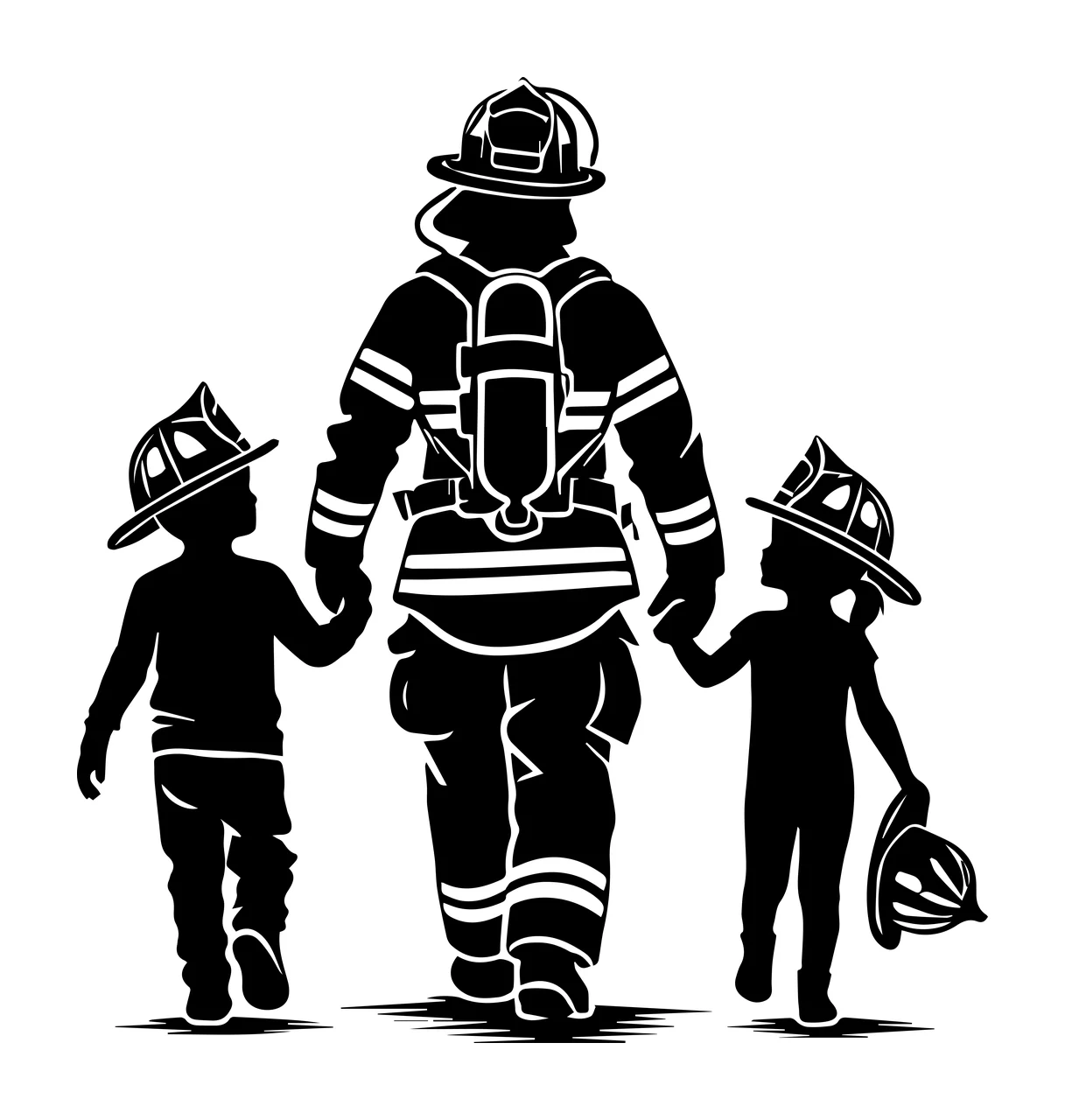 Firefighter Holding Hands With Children and walking person